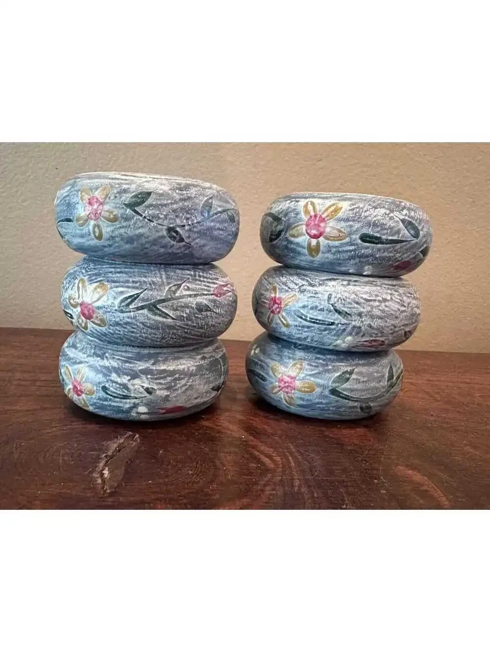 Wooden Handpainted Blue with Gold Flowers Napkin Rings, Set of 6